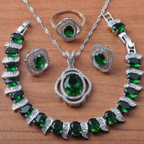 2020 New Green CrystalSilver Color Jewelry Sets Women Wedding Jewelry Earrings Necklace Set Ring Bracelet Christmas Gift JS0639