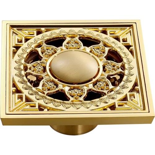 4 inch Floor Drain Euro Style Gold/Antique Bronze Brass Flower Art Carved Euro Floor Drains Square Floor Drain Strainer 10*10cm