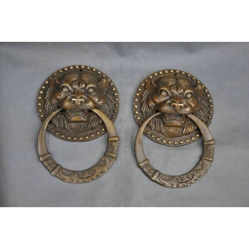 5" Chinese Fengshui Bronze Foo Dog Tiger Door Holder Gate Knockers One Pair