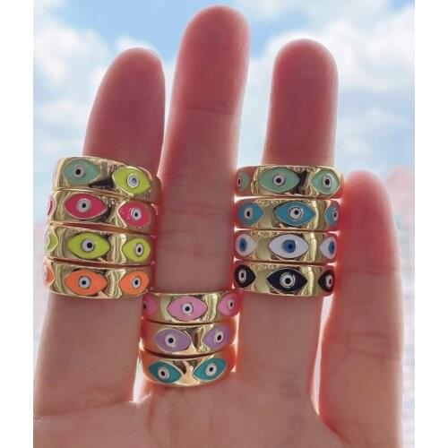 5Pcs/Lot Hot Sale Gold Plated Rings Rainbow Enamel Chunky Rings Brass Women Enamel Jewelry Cute Eye Rings