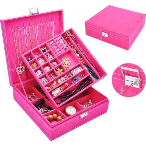 80% HOT SALES！！！Two Layers Lint Wooden Jewelry Box Organizer Display Storage Case with Lock