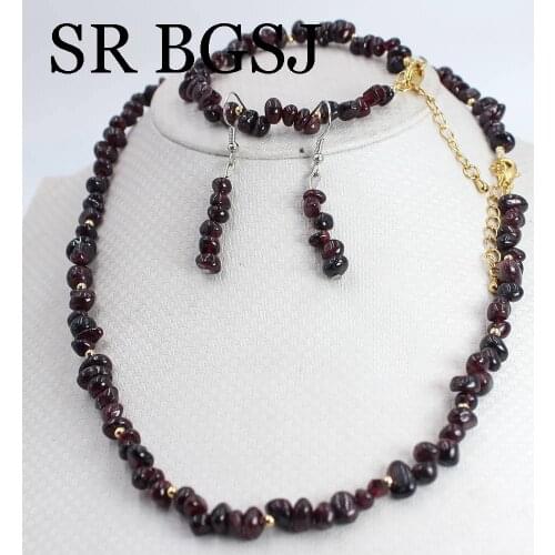 Free Shipping 6-8mm Red Garnet Natural Gems Stone Women Chockers Necklace Bracelet Jewelry Set 17.5" 7-8"