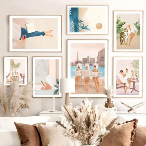 Wine Glass Coffee Swim Read Tiger Nordic Poster Paris Fashion Woman Wall Art Print Canvas Painting Decor Picture For Living Room