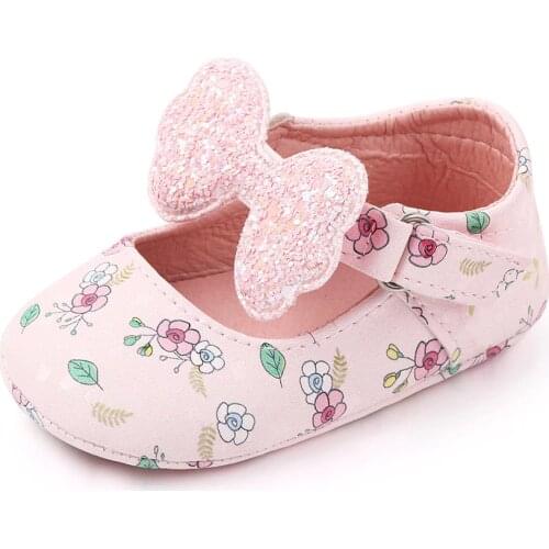 Spring Autumn Newborn Baby Girl Shoes Cute Bow Printed Flower Princess First Walkers Soft Sole Infant Toddler Crib Shoes Pink