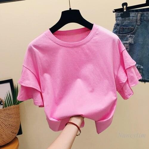 Cotton T Shirt Women Short Ruffled Sleeve Summer New Korean Style Loose All-Match Solid Color T-shirts Tops Girls Ladies