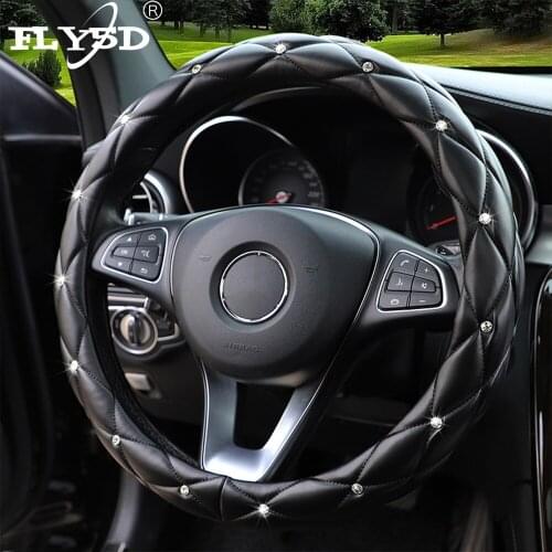 2021 New Fashion Women PU Leather Car Steering Wheel Cover Diamond Black Auto Wheel Covers Cases For Lady Girls Car Accessories