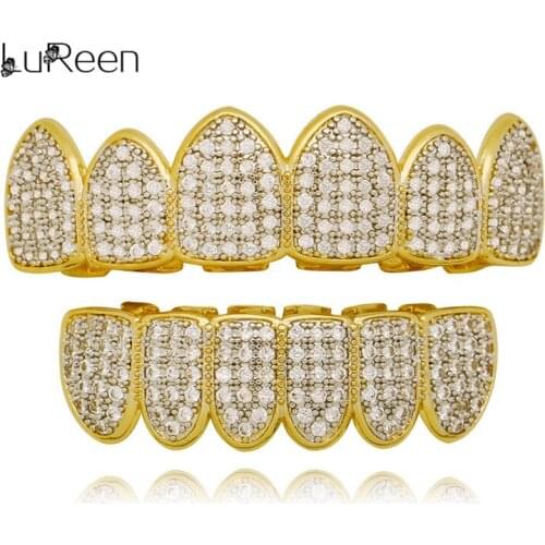 LuReen Hip Hop Grillz Iced Out AAA Zircon Fang Mouth Teeth Caps Top Bottom Grills Set for Men Women Vampire Fangs Jewelry