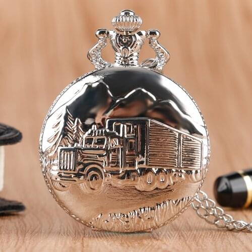 Silver Steampunk Cool Truck Van Lorry Quartz Pocket Watch Fashion Vintage Necklace Pendant for Women Men Birthday Gift Clock