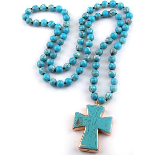 Fashion Natural Semi Precious Blue Empire Stone with cross charm Drop Pendant Handmade Necklace Women Jewelry
