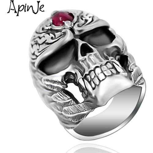 Apinje Vintage 925 Sterling Silver Ring Skull Male Big Ring for Men Punk Style Party Gothic Finger Creative Rings Man Jewelry