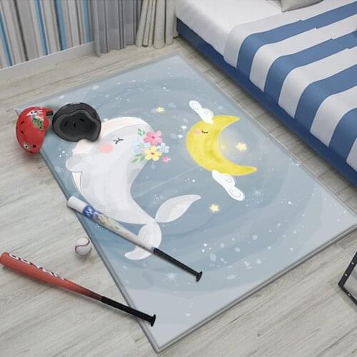 Non-slip Floor Cute Blue Dolphin Moon Pattern Kids play carpet Children Rug baby crawling flannel Children durable carpet