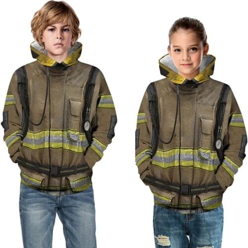 New 2020 Autumn Boys Girls 3D Print Firefighter Suit Fireman Fake Suit Cosplay Hoodies Kids Hooded Sweatshirts Children Pullover