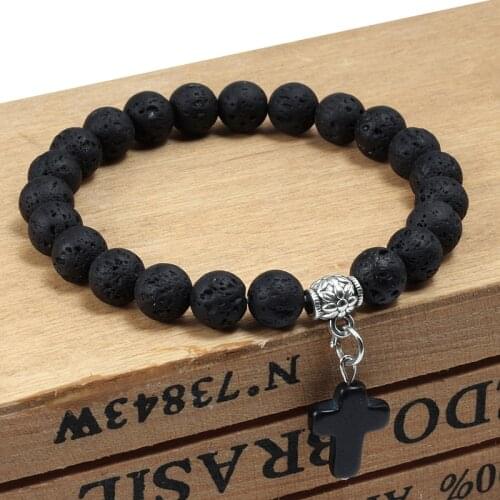 New Cross Pendant Bracelet Mens Natural Lava Stone Beads Bracelets For Women Men Yoga Black Pine Distance Jewelry Lovers Gift