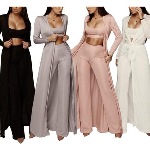 New womens set fashion casual sexy stretch knit three-piece tie with outerwear & wrap chest & trousers suit dresy damskie