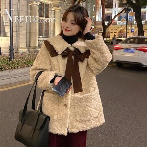 2020 Autumn Winter Korean New Imitation Lambswool Women Coat Bowknot Warm Female Jacket