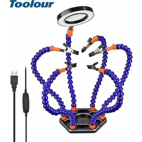 Toolour Helping Hands Third Arm Soldering Work Station 6 Flexible Arms with Precision 360 Degree Alligator Clip USB 3X Magnifier