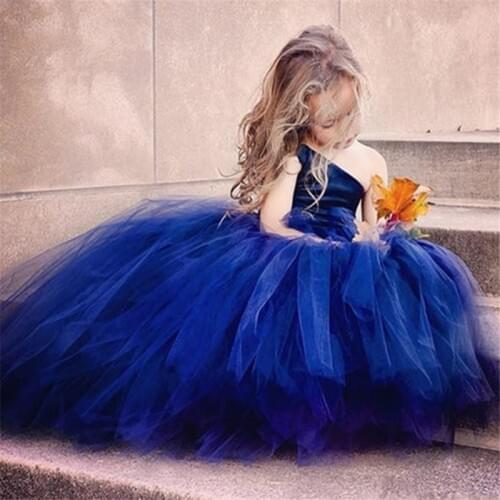Flower Girl Dress Blue Flowers/Ribbons for Girls Tulle Dresses Birthday Party Wedding Ceremonious Kid Girl Clothes Gown for Kids