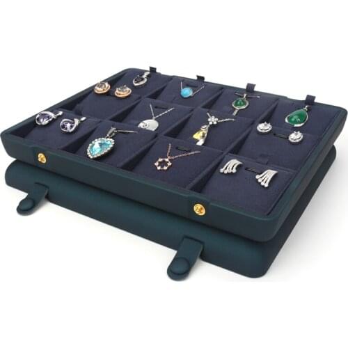 Blue 12 Cells PU Leather Concealed Button Jewelry Pendant Ring Storage Display Stand Built-in Removed For Jewellery Organizer