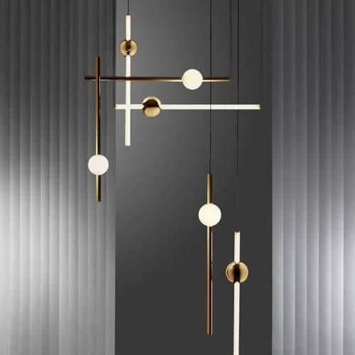 Nordic Horizontal Vertical Line LED Pendant Lights Minimalist Metal luminous Glass ball Living Room Hotel Hall Hanging Light