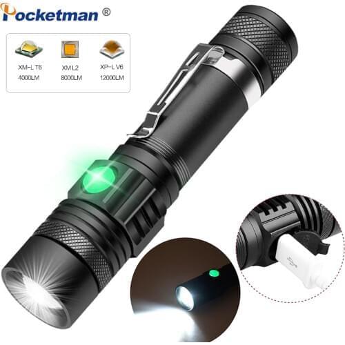 8000LM Super Bright Led flashlight USB linterna led torch T6/L2/V6 Power tips Zoomable Bicycle Light 18650 Rechargeable