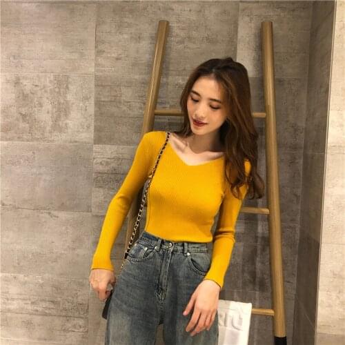 Autumn Winter Woman Sweater 2020 Casual Women Pullover Sweater Elasticity V-neck Knitted Basic Sweater Slim Fit Long Sleeve Tops