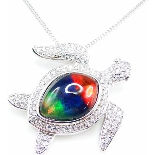 High Quality Beautiful 925 Sterling Silver Ammolite Sea Turtle Pendant Natural Multi Color MOP Pendant Necklace For Gift