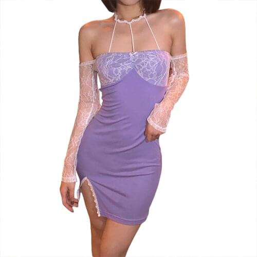 Ladys Sexy Splitting One-piece Skirt, Off-the-shoulder Long Sleeve Halter Lace Slim Elastic Tee Dress