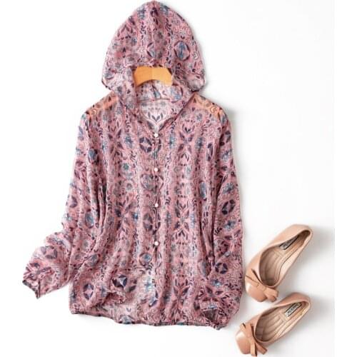 Womens 100% Mulberry Silk Thin Type Pink Buttons down hoodie Coat long Sleeve Top Cardigan Blouse Summer Beach Cover Up M151