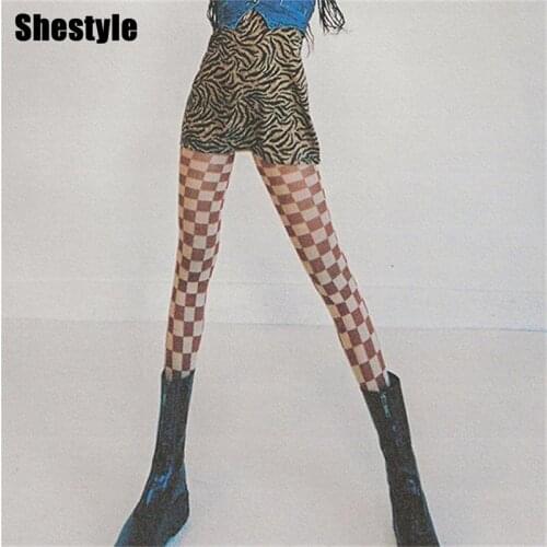 Shestyle Women Leggings Pants Transparent Mesh Plaid Chessboard Print Brown Stocking Summer Stretchy Basic Trousers Sexy