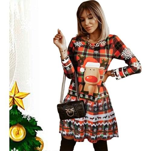 2021 Women Christmas Cute Mini Dress O Neck Long Sleeve A Line Floral Deer Elk Floral Print Girl Sweet Fall Dresses For New Year