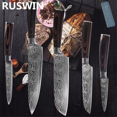 8'' inch Chef Knife Japanese Stainless Steel Sanding Laser Pattern Knives Professional Sharp Blade 1-5 Pcs Knife Cooking Tool