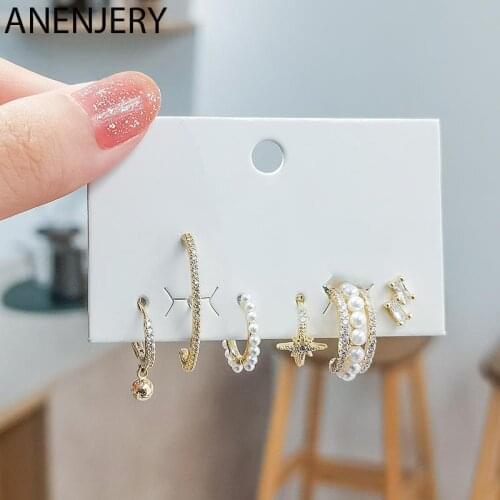 ANENJERY 6 pieces/set 925 Sterling Silver Star Small Hoop Earrings Micro Zircon Pearl Clip Earrings Creative Luxury Jewelry