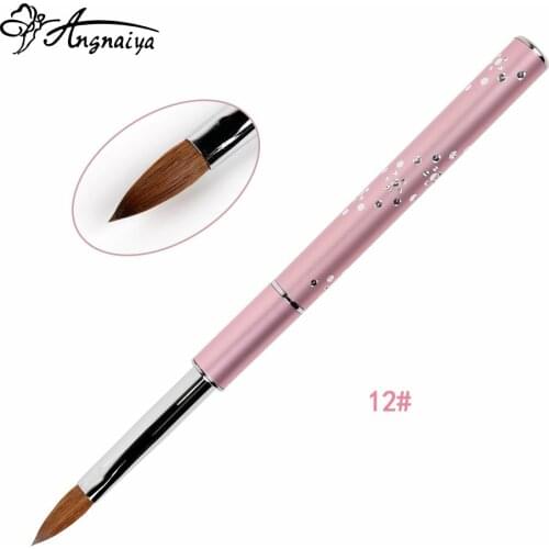 ANGNYA 1Pcs #12 Kolinsky Sable Acrylic Brush Pen Pink Metal Handle Crystal Acrylic Manicure Salon Painting Pen Nail Art Brush