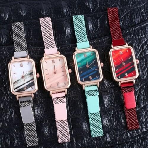 Women Green Watch Rectangle Marble Dial Watches Luxury Magnetic Clasp Quartz Wrist Watches Reloj Mujer Zegarek Damski