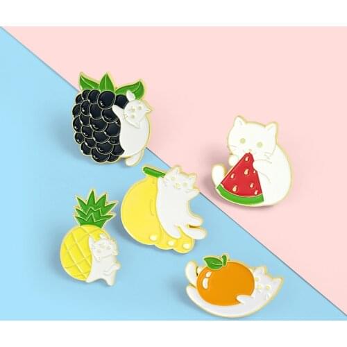 Cartoon Cute Animals Cat Enamel Pins Fruit Banana Watermelon Pineapple Grape Alloy Brooch Badge Fun Jewelry Sweet Gift For Kid