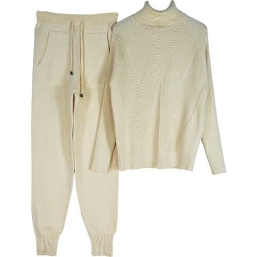 NEWDISCVRY 2021 Womens tracksuit Solid Color Striped Turtleneck Sweater and Elastic Trousers Suits Knitted Two Piece Set