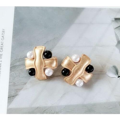 New Sweet Cross Pearl Black Beads Alloy Earring Geometry Gifts