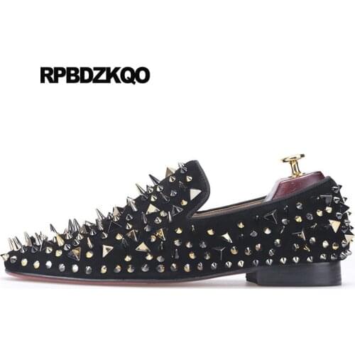 Dandelion High Quality Prom Genuine Leather Suede 11 Spike Stud Runway 46 Large Size Black Men Shoes Italian Loafers Rivet Real