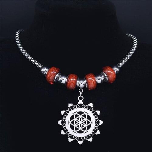 Trendy Yoga Bead Stainless Steel Flower of Life Necklaces Silver Color Chocker Necklace for Women Jewelry collier femme NXS04