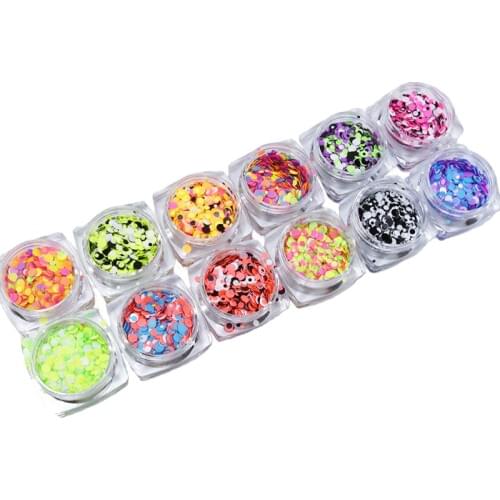 Mix-Color Nail Glitter Confetti Flakes Dots 12 Jar/set Chunky Ultra-thin Loose 1MM,2MM,3MM Round Nail Art Tip Glitter Dot Flakes