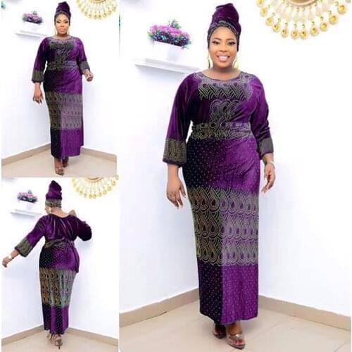 Richkeda StoreNew 3 Pieces Sets Women Clothes Velvet Top Skirt Suit With Turban African Elegant Party Robe Dashiki Outfit Muslim