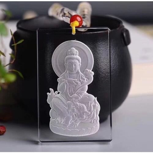 Fine White Natural Crystal Pendant Hand Carved Manjusri Buddha Guardian Pendants Sweater Chain Necklace for Women Men Jewelry