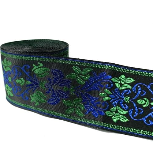 ZERZEEMOOY 49MM 7YARD Blue And Green Totem Jacquard Ribbon With Black Background MZZD19051506