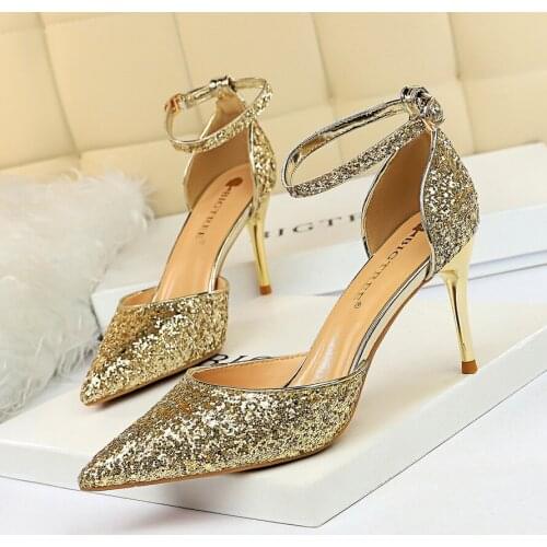 2021 Women 7.5cm 9.5cm High Heels Sparkle Sandals Wedding Bridal Low Heels Sandles Stiletto Glitter Prom Elegant Stripper Pumps