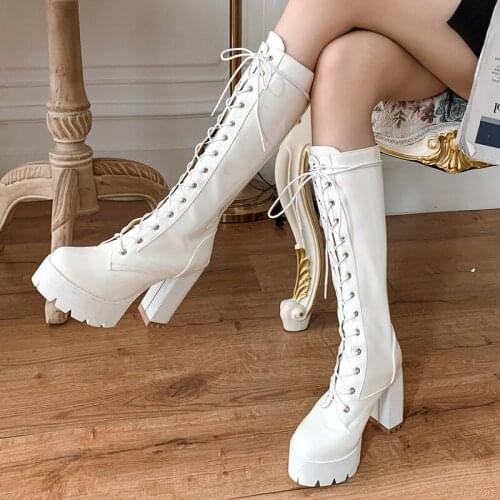 Women Round Toe Chunky Platform Cross Tied Thick Heel Women Mid Calf Boots Super High Heel 11cm Patent Leather Women Long Boots