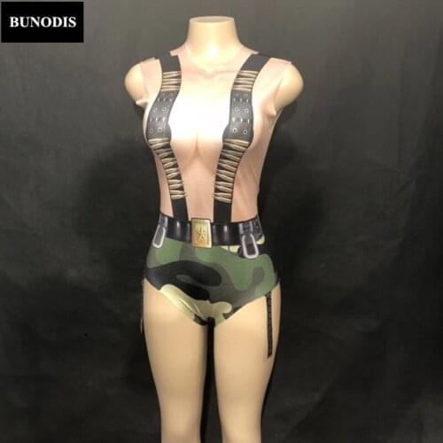 BU265 Women Army Camouflage Sexy Bodysuit Sleeveless 3D Printed Jumpsuit Nightclub Party Celebrate Performance Dancer Stage Wear