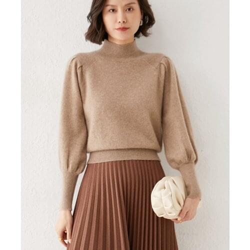 100% Pure Wool Cashmere Sweater Women Half High Neck Pullover Casual Lantern Sleeve Knit Tops Autumn and Winter Female Jacket