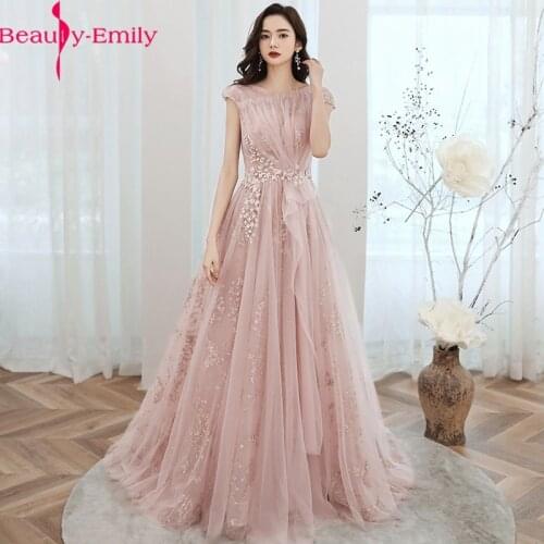 Charming O Neck Lace Apliques Evening Gowns for Women Fashion Short Sleeve Lace Up Back Pink Formal Party Dress Robe De Soiree