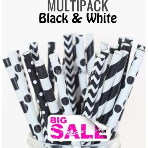 125pcs Mixed Colors BLACK & WHITE Paper Drinking Straws, Black and White Striped, Chevron, Polka Dot, Sailor Stripe