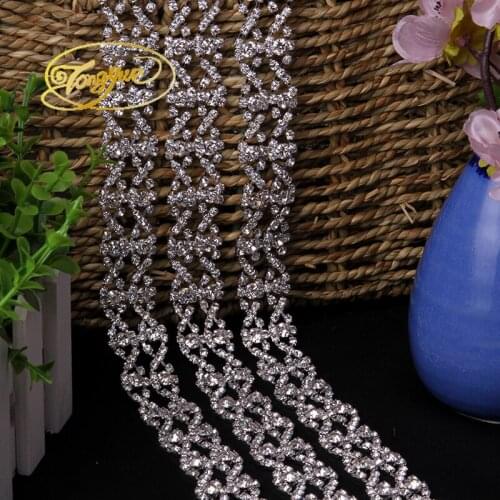 2*2.5 yard 2 Rows Cross Crystal Glass Rhinestone Cup Chain Silver Base With Decoration Trim Applique Sew on Rhinestone Trim